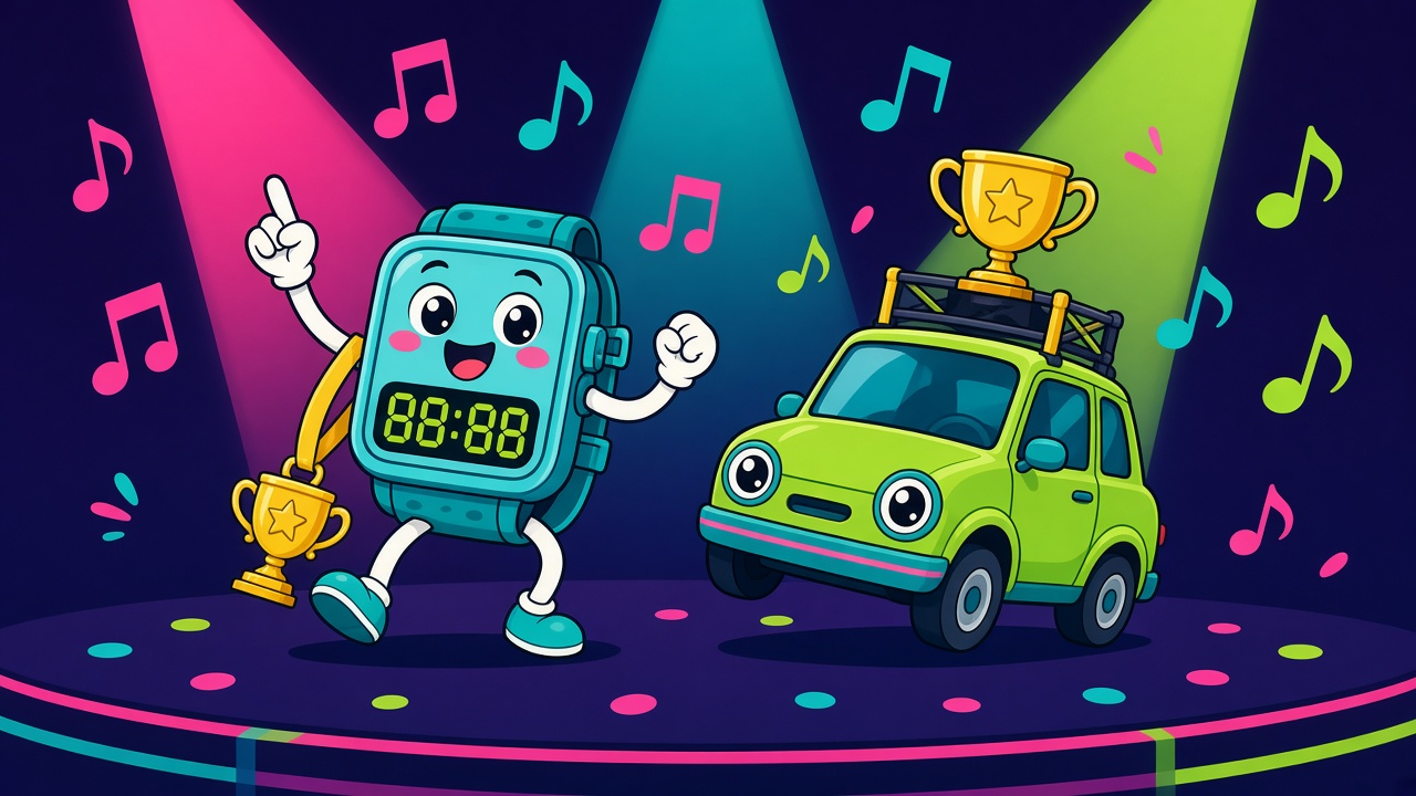 Caricatura de La Red Mundial: un reloj digital genérico con bracitos y un pequeño auto urbano con ojos de faros bailan en un escenario bajo reflectores, rodeados de notas musicales, cada uno con un trofeo dorado.