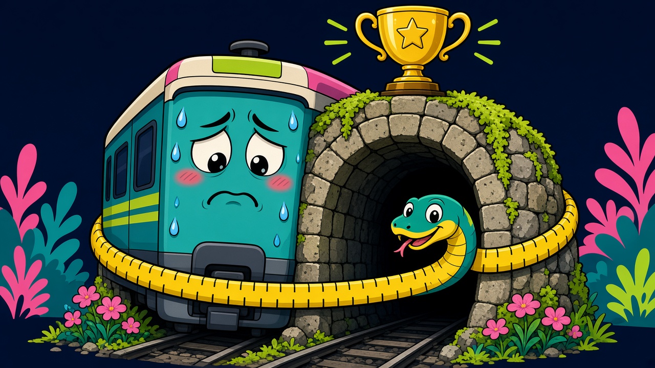 Caricatura de La Red Mundial: un tren de cercanías alto y avergonzado, con gotas de sudor, se detiene frente a un túnel de piedra demasiado bajo, rodeado por una cinta métrica con forma de serpiente; sobre el arco del túnel, un trofeo dorado.