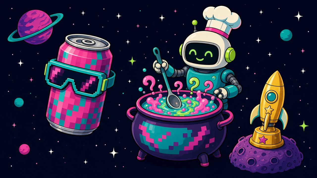 Caricatura de La Red Mundial: una lata de refresco genérica, sin marca, con patrón pixelado rosa y turquesa y gafas espaciales, flota junto a un robot cocinero que revuelve un caldero de signos de interrogación; un trofeo dorado con forma de cohete sobre un planeta.