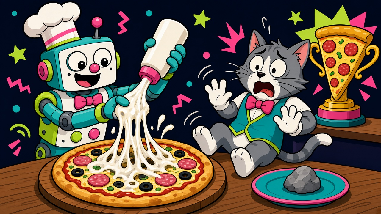 Caricatura de La Red Mundial: un robot cocinero con gorro de chef exprime una botella blanca de pegamento sobre una pizza, con una piedrita servida de guarnición, mientras un gato mesero retrocede horrorizado; a la derecha, un trofeo dorado con forma de rebanada de pizza.