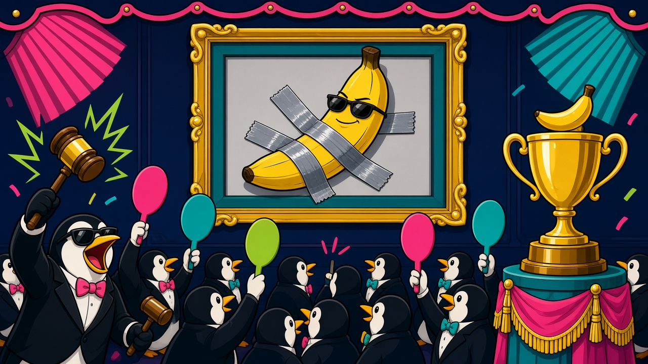 Caricatura de La Red Mundial: una banana presumida con lentes de sol, pegada con cinta dentro de un marco dorado, mientras un público de pingüinos de esmoquin levanta paletas de subasta y cae el martillo; a la derecha, un trofeo dorado con una banana.