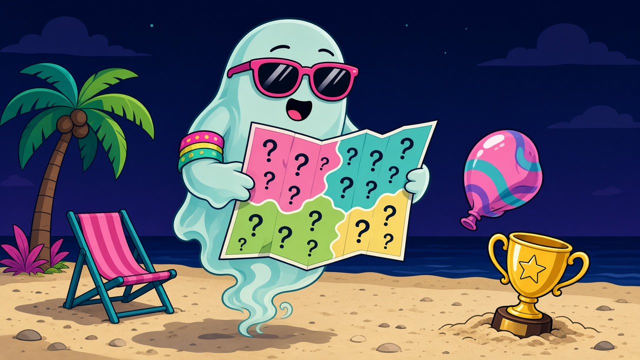 Caricatura de La Red Mundial: un fantasma translúcido con lentes de sol y pulsera de festival flota sobre una playa vacía con una sola silla y una palmera, sosteniendo un mapa lleno de signos de interrogación; un trofeo dorado medio enterrado en la arena.