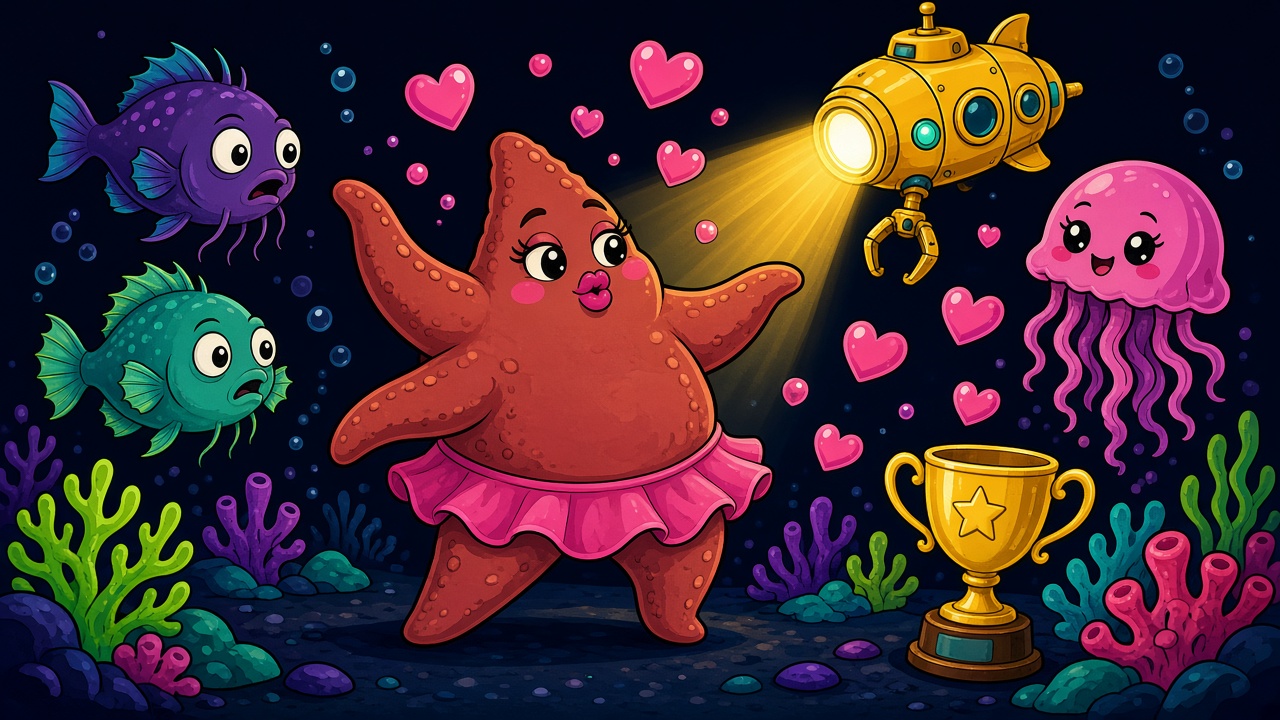Caricatura de La Red Mundial: una estrella de mar regordeta de color marrón rojizo posa en el fondo del mar bajo el foco de un pequeño submarino amarillo, mientras peces y una medusa la miran como fans; a la derecha, un trofeo dorado.