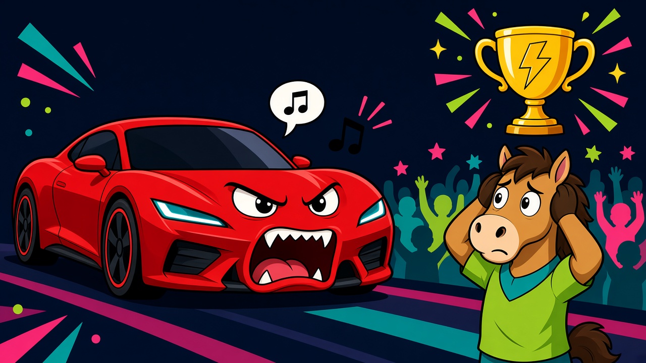 Caricatura de La Red Mundial: un auto deportivo rojo genérico, sin logotipos, con cara de querer rugir pero del que sólo sale una pequeña nota musical, mientras un caballo de caricatura en el público se tapa las orejas desconcertado; arriba, un trofeo dorado con un rayo.